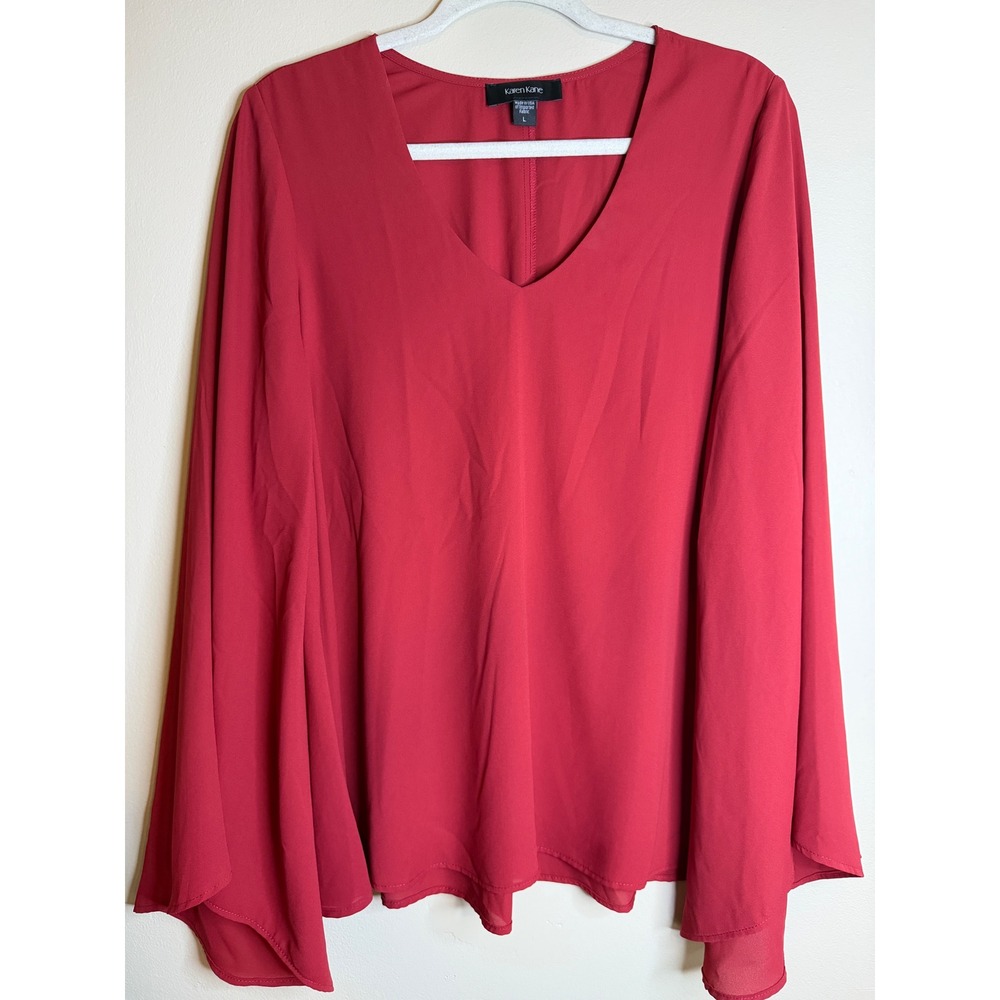 Karen Kane Red Bell Sleeve V-Neck Blouse Crepe Top Made in USA L 3L25376